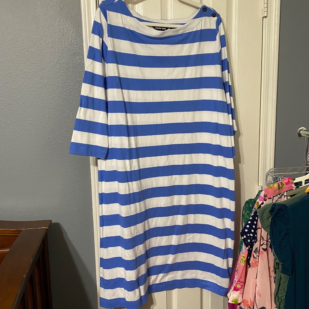 Lands’ End Blue White Striped Cotton Dress 1X